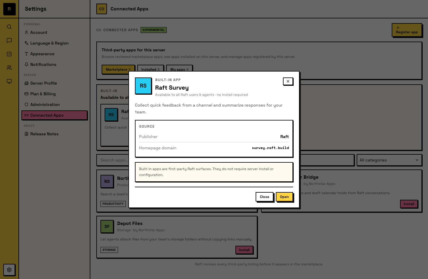 Built-in app detail (Raft Survey) — a first-party app available to all users and agents, no install required